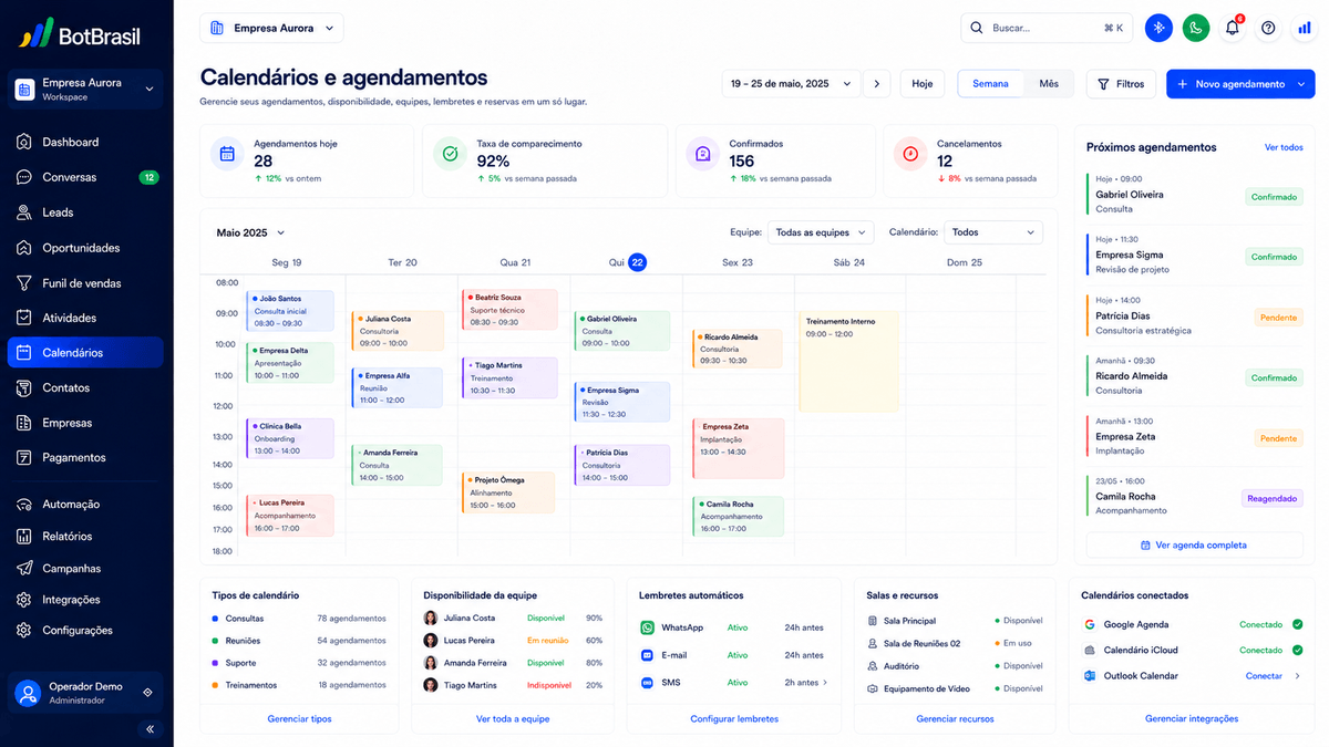 Calendário de agendamento online da BotBrasil com horários disponíveis e confirmação automática — BotBrasil para restaurantes e delivery