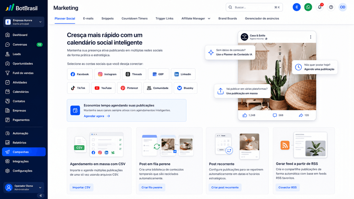 Painel de marketing da BotBrasil com gestão de redes sociais, campanhas e relatórios de conversão — BotBrasil para restaurantes e delivery