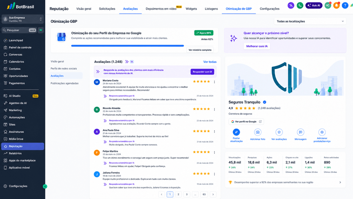 Painel de reputação online da BotBrasil com avaliações do Google, NPS e respostas automáticas — BotBrasil para restaurantes e delivery